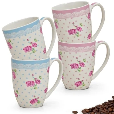 Abbildung von matches21 HOME &amp; HOBBY Tasse Kaffeetassen 4er Set Rosen Dekor Rosenblüten Blumen, Porzellan, Tee Kaffee Becher, Vintage klassisch, rot blau bunt weiss, 300 ml