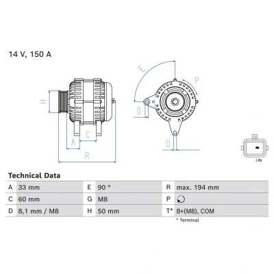 Abbildung von BOSCH 0 986 084 690 Lichtmaschine 14V 150A RENAULT: Espace 5, Megane 4 Schrägheck, Kadjar, NISSAN: Pulsar Qashqai 2, X Trail kfzteile,