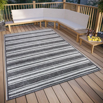 Abbildung von Hanse Home Temu In &amp; Outdoor Teppich Wetterfest Modernes Streifen Muster, Wasserfest robuster Aussenteppich Flachgewebe für Garten, Balkon, Terrasse, Wohnzimmer Grau Beige, 63x120cm