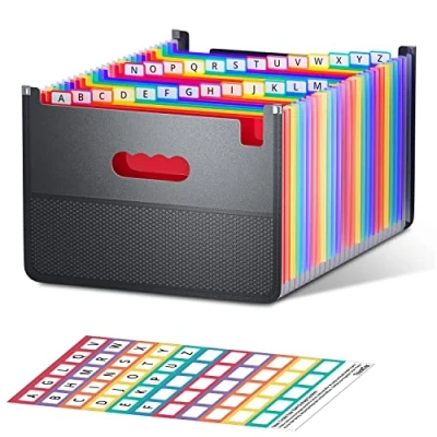 Abbildung von ThinkTex 26 Fächern Dokumentenmappe, A4 Sortiermappe Fächermappe Datei Organizer mit Netztasche, Dokumententasche Aktenmappe Ordnungsmappe bunten Labeln