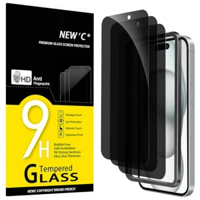 Abbildung von NEW&#039;C 3 Stück, Sichtschutz Panzer Schutz Glas für iPhone 16,15 (6,1 Zoll), Blickschutzfolie Privacy screen mit Anti Spy, Frei von Kratzern Einfaches Installationswerkzeug enthalten