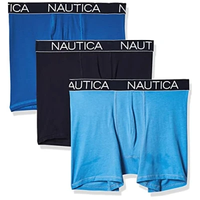 Abbildung von Nautica Herren Klassische Unterwäsche, Baumwolle, Stretch, 3er Pack Retroshorts, Peacoat/Sea Cobalt/Aero Blue, X Large