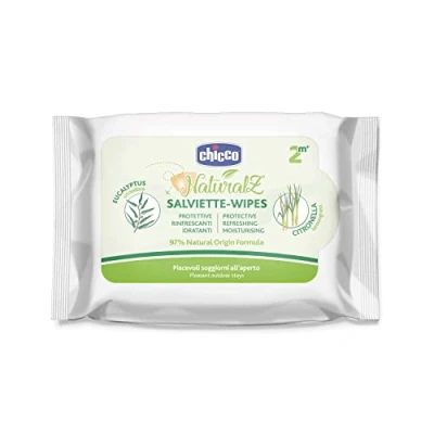 Abbildung von CHICCO NaturalZ Reinigungstücher, 20 Stück, natürlicher Schutz während der Sommersaison, mit Zitronengras und Eukalyptus, für Tag Nacht