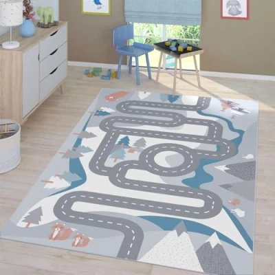 Abbildung von TT Home Kinderzimmerteppich Teppich Junge Mädchen Kinderteppich Baby rutschfest Straße, Farbe: Creme, Größe:200 cm Quadrat