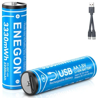 Abbildung von ENEGON wiederaufladbare Lithium Batterien AA, 1,5 V Li Ion USB AA Batterie mit 2 in 1 Typ C Ladekabel, Schnellladung Stunden, 2er Pack