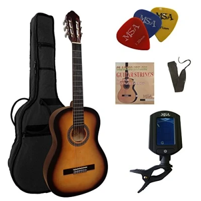 Abbildung von 4/4 GITARRE KONZERTGITARRE IM SET CLASSIC SUNBURST LINDENHOLZ DECKE TASCHE BAND SAITEN 3xPLEKTRON STIMMGERÄT ET33B C25