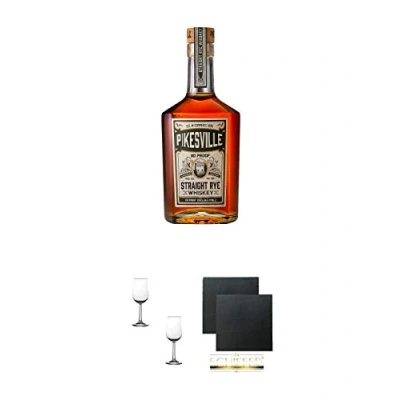 Abbildung von Pikesville 110 Proof Straight Rye 6 year old Whisky 0,7 Liter + Nosing Gläser Kelchglas Bugatti mit Eichstrich 2cl und 4cl 2 Stück Schiefer Glasuntersetzer eckig ca. 9,5 cm Ø