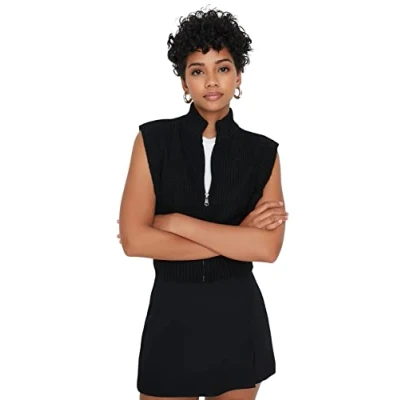 Abbildung von TRENDYOL Damen Crop Knitwear Cardigan Sweater Stehkragen Ärmellos Schwarz Strickweste, Schwarz, L