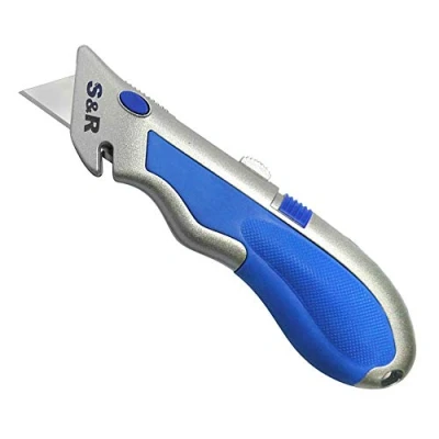 Abbildung von S&amp;R Schnellwechssel Profi Teppichmesser/Cuttermesser 165mm, SK5 Klinge 3 stufig, Wechsel per Knopfdruck, 4 Klingen