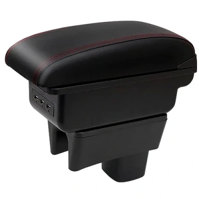 Abbildung von Auto Armlehnen für Swift 2005 2024 Doppelschicht Mittelkonsole Große Aufbewahrungsbox mit 3 USB Ladeanschluss Schwarz roten Nähten