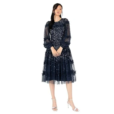 Abbildung von Maya Deluxe Women&#039;s Midi Dress Ladies Long Sleeve Sequin Embellished Ruffle for Wedding Guest Bridesmaid Occasion Evening Ball Gown, Navy, 34