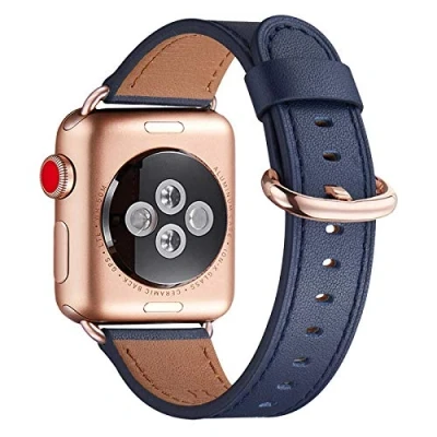 Abbildung von WFEAGL Kompatibel für Apple Watch Armband 44mm 45mm 49mm 42mm,Lederband Ersatzband Herren Damen iWatch Ultra Series 10/9/8/7/6/5/4/3/2/1,SE(42mm 45mm, Dunkelblau+Roségold Adapter)