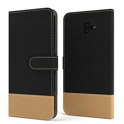 Abbildung von EAZY CASE Tasche kompatibel mit Samsung Galaxy J6 Plus Stoff Schutzhülle Standfunktion Klapphülle Bookstyle, Handytasche Handyhülle Magnetverschluss und Kartenfach, Kunstleder, Schwarz