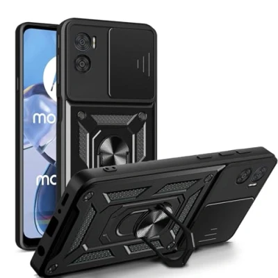 Abbildung von betterfon Outdoor Hülle Panzerhülle mit Kameraschutz und 360 Ring Ständer für Motorola Moto E22 / E22i in Schwarz