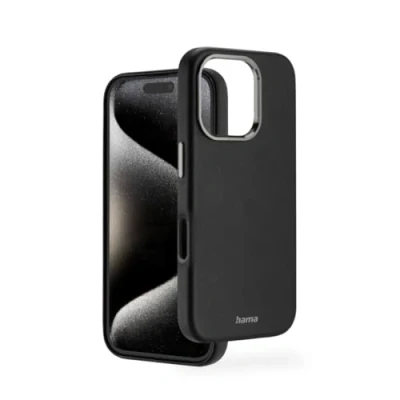 Abbildung von Hama Handyhülle für iPhone 16 Pro (Kunstleder, Metall, Schutzhülle Rückseite, extra Schutz Kamera und Display, Wireless Charging kompatibel, weich, recycelt) schwarz