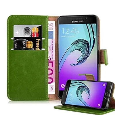 Abbildung von Cadorabo Hülle kompatibel mit Samsung Galaxy A3 2016 aus Premium Kunst Leder Flip Klappbare Stoßfeste Magnetische [Standfunktion] [Kartenfächern] Cover für Tasche in Grün