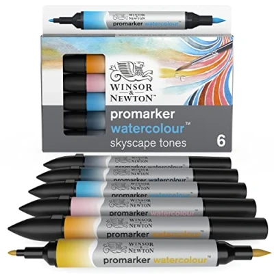 Abbildung von Winsor &amp; Newton 0290168​ ProMarker Aquarellmarker 2 Spitzen, Pinsel und feiner Spitze, lichtecht, hochpigmentierte Aquarellfarben im Marker für Kalligrafie, Zeichnungen, 6 Farben Set Himmelstöne