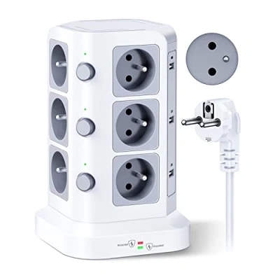 Abbildung von KOOSLA 12 Steckdosen 2P + T Typ E (Frankreich) Tower Steckdosenleiste mit 6 USB Ports (4000 W/16 A), Steckdosenleiste, Überspannungsschutz und Überspannung, 3 Einzelschalter, 2 m Kabel, Weiß