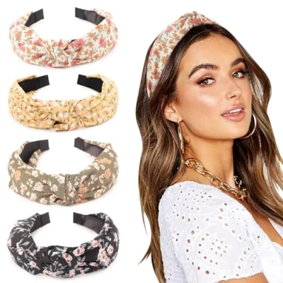 Abbildung von DRESHOW 4 Stück Stirnbänder für Frauen und Mädchen Blume gedruckt verknotet Kunststoff Stirnband Mode Boho breite Haarbänder Anti Rutsch Haarschmuck