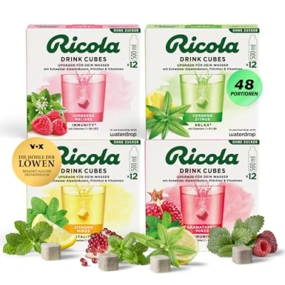 Abbildung von waterdrop® x Ricola 48 Waterdrop Würfel mit Alpenkräutern &amp; Früchten Himbeere Melisse, Zitrone Minze, Granatapfel Minze Verbene Wassergeschmack ohne Zucker Vitaminen C, B3, B12