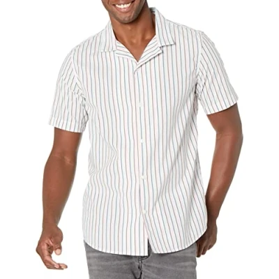 Abbildung von Amazon Essentials Herren Urlaubshemd mit schmaler Passform, Rosa Grünblau Vertikale Streifen, XL