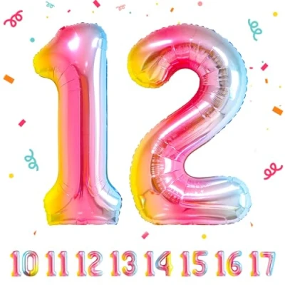 Abbildung von 12 Geburtstag Deko zahlen luftballon jahre Folienballon Regenbogen für 12. Geburtstagsdeko Männer Frauen Ballon Zahl zum fliegt mit Helium 12.Geburtstagsparty 40&quot; 101cm