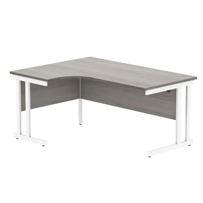 Abbildung von office hippo Robuster Büroschreibtisch, linker Ecktisch, stark, verlässlich, mit Kabelführung und Doppelstützen, PC Tisch für Büro oder Zuhause, Alaskische Graue Eichenplatte/Weisses Gestell