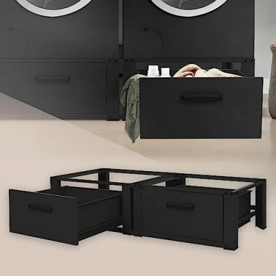 Abbildung von ML Design Doppel Waschmaschinen Untergestell mit 2 Schubladen, Schwarz, 128x53,5x31,5 cm, Sockel Fach 2x150kg, Stahl, Doppeluntergestell Doppelpodest Erhöhung Trockner Unterbau