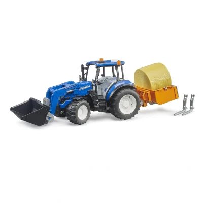 Abbildung von BRUDER New Holland T5.120 mit Frontlader, Ladekasten, Gabeln und Rundballen, Modellfahrzeug