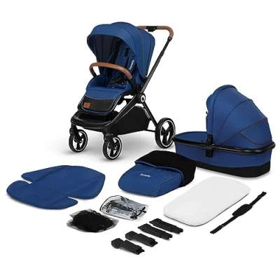 Abbildung von LIONELO Mika 2in1 Kombikinderwagen. Babywanne, Kinderwagen, Buggy. Regenschutz, Schultergurt zum Transport, Matratze, Moskitonetz, Fußabdeckung, wasserdichtes Material, Gummiräder (BLUE NAVY)