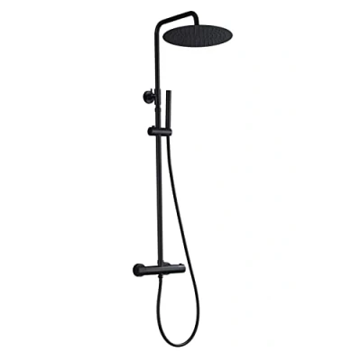 Abbildung von Görbach Edelstahl Duschsystem mit Thermostatbatterie, Regendusche Duschset Mischbatterie Duscharmatur, Duschkopfs, Duschstange matt schwarz (Kopfbrause D30cm Rund)