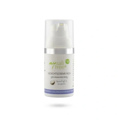 Abbildung von mysalifree BIO GESICHTSCREME RICH, milde Intensivpflege für sensible Haut, mit zartem Kokosduft, 30ml, 100% zertifizierte Biokosmetik, + VEGAN FREE FROM