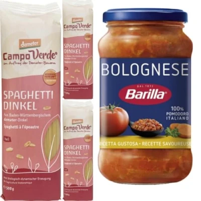 Abbildung von Mit Pufai Grocery, Campo Verde Demeter Spaghetti Dinkel 500 gramm x 3er + Barilla Nudelsauce Bolognese Soße Pasta Sauce 400