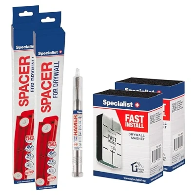 Abbildung von Specialist+ Trockenbau Rahmen Werkzeugset I x2 SPACER (50cm), FAST INSTALL Gipsmagnet und x1 HAMER Steckertreiber für die Installation von Metallrahmen im Deckenmontage