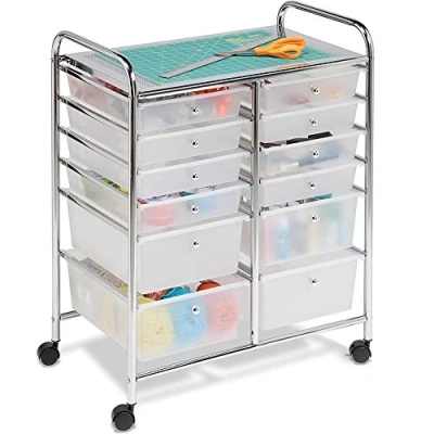 Abbildung von Bakaji Rollwagen Rollcontainer Aufbewahrungswagen Doppelt in Verchromtem Metall mit 12 Schubladen Weiß und 4 Rollen 39 x 60 76 cm