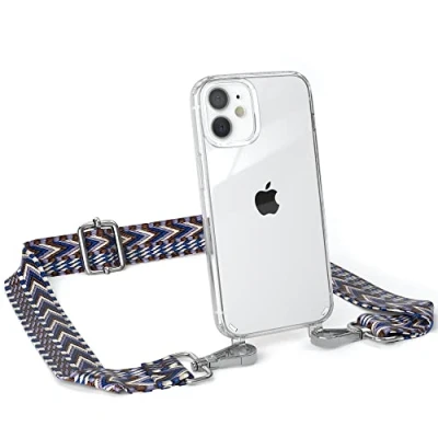 Abbildung von EAZY CASE Handykette Flexibler Trageriemen kompatibel mit iPhone 12 Mini, Schultergurt zum Umhängen, Riemen, Band austauschen, Wechselgurt, Blau/Weiß Metall Silber