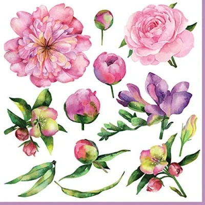 Abbildung von linoows 20 Servietten Frühling Pfingstrosen, Freesien und Obstblüten 33x33 cm