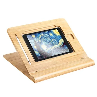 Abbildung von ELETIUO Tablet Ständer, verstellbar, faltbar, mehrere Winkel, Bambusholz, Organizer, Schreibtischhalter für iPad, stabil zum Zeichnen, Ansehen, Tippen (unterstützt Geräte)