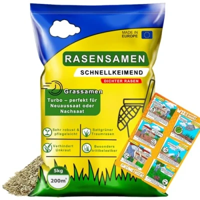 Abbildung von Rasensamen 5 kg Turbo schnellkeimend für 200m² Universal Grassamen jeden Garten Rasensaat sattgrünen Samen ideal Neuansaat und Nachsaat Robust Gras Rasen Frühjahr
