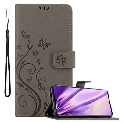 Abbildung von Cadorabo Hülle kompatibel mit Samsung Galaxy A41 Blumen Design aus Premium Kunst Leder Flip Klappbare Stoßfeste Magnetische [Standfunktion] [Kartenfächern] Cover für Tasche in Grau