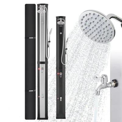 Abbildung von Arebos Solardusche 60 L mit Handbrause &amp; Thermometer Wassertemperatur bis zu 60C Pooldusche Camping runder Duschkopf Snap In Technologie Inkl. Abdeckhaube Silber