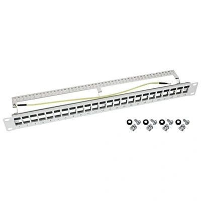 Abbildung von HMF 66446 07 STP Keystone Patchpanel für Serverschrank 19 Zoll 1 HE 24 Ports RJ45 Geschirmt Lichtgrau