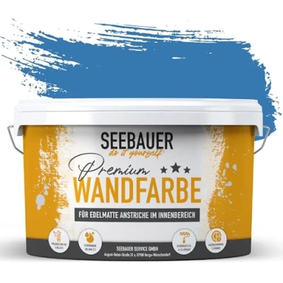 Abbildung von SEEBAUER diy Wandfarbe Blau 10L für Innen (No. 806 Cloudless Sky) Edelmatte dunkelblaue Innenfarbe Blautöne sehr hohe Deckkraft Matt, Abwaschbar und Tropffrei
