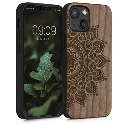 Abbildung von kwmobile Hülle kompatibel mit Apple iPhone 13 Mini Holz Case Handy Cover TPU Handyhülle in Dunkelbraun Aufgehende Sonne
