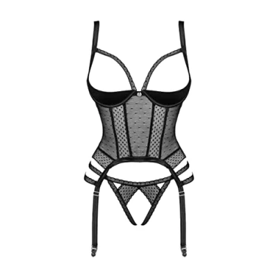 Abbildung von Obsessive Set: Bügel BH Corsage mit Strumpfhalter und Ouvert String schwarz (2 tlg) transparent