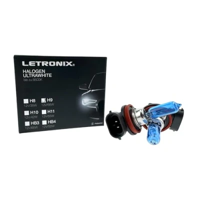 Abbildung von letronix Halogen Auto Lampen H9 12V 8500K Kalt Weiß Xenon Optik Gas Ultra White Look Birnen Lampe Abblendlicht Nebelscheinwerfer Fernlicht Kurvenlicht Zulassung E Prüfzeichen (LED Optik) (H9 65W)