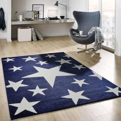 Abbildung von VIMODA Teppich Kurzflor Sterne Himmel Modern Blau Weiß Jugendzimmer für kinderzimmer, Wohnzimmer, Maße:80x150 cm