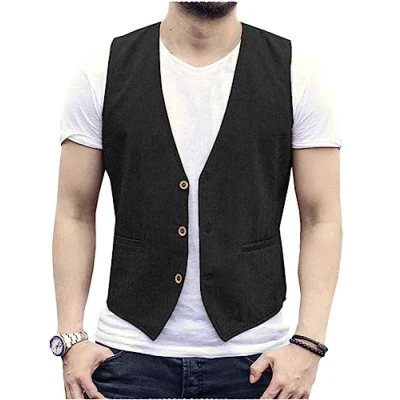 Abbildung von AeoTeokey Herren Sommer Leinenweste Anzug Weste Casual Regular Fit(Schwarz,M)