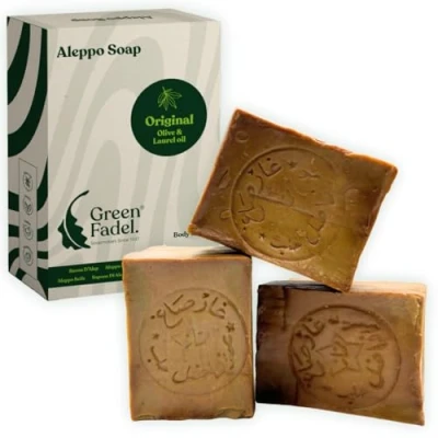 Abbildung von GREEN FADEL Aleppo Seife Original 3 x 200g Olivenöl &amp; Lorbeeröl, Olivenölseife, Kernseife Naturseife, Soap, inkl. Seifensäckchen, Handgemacht, Vegan