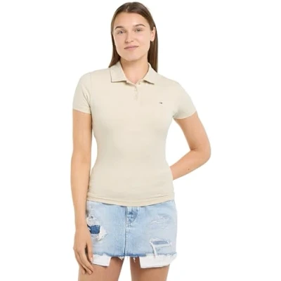Abbildung von Tommy Jeans Damen Poloshirt Kurzarm Essential Polo Slim Fit, Elfenbein (Newsprint), L